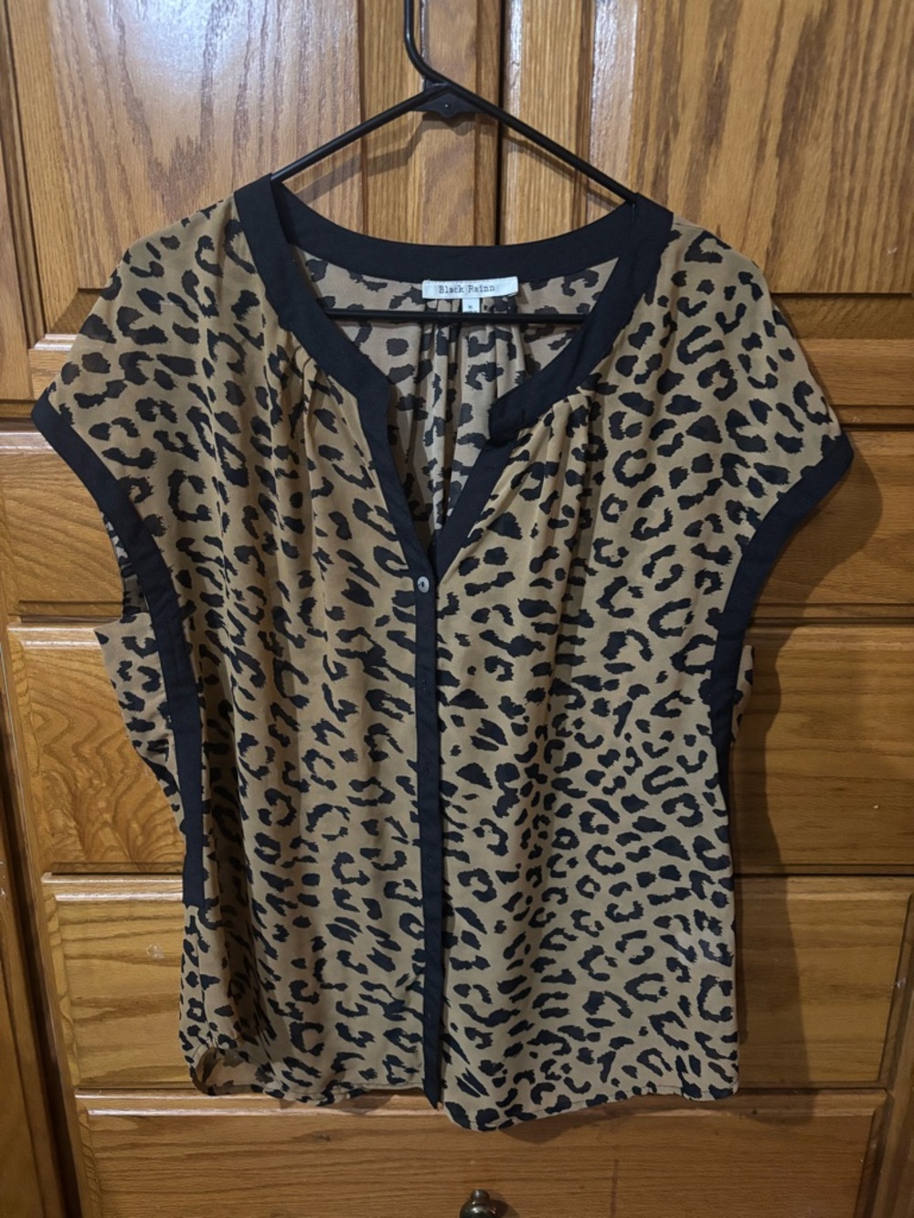 Black Rainn Tan and Black Leopard Print Button-Front Blouse